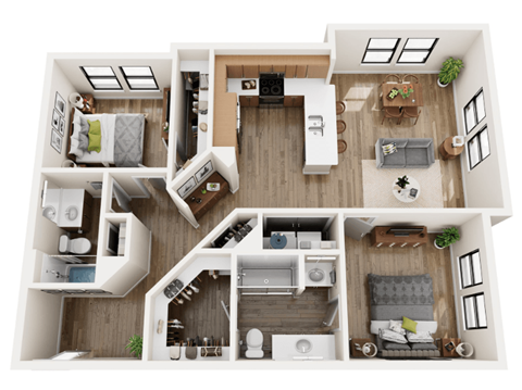 a 3d floor plan of a house with a bedroom and a living room